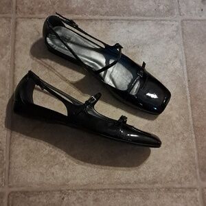 Stuart Weitzman Square Toe Mary Jane Ballerina Shoes Black Patent Leather
